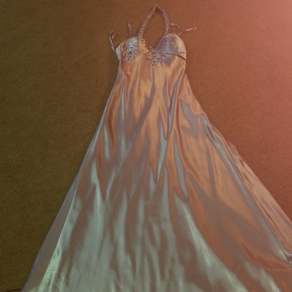 Halter neck silver prom dress